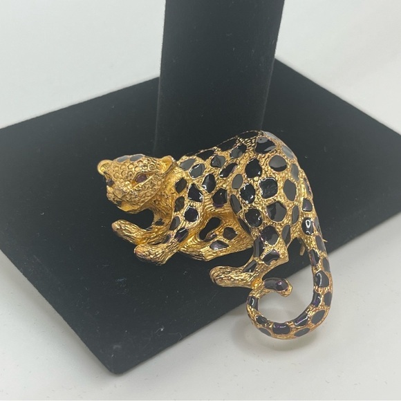 Vintage Park Lane Enamel Leopard Brooch/Pendant Rhinestone Eyes cheetah leopard - Picture 7 of 12